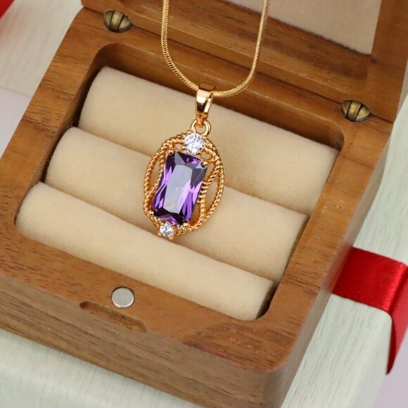 "Purple Rectangle Pendant with Gold Plated Frame and Crystal Accents, XPPT1683 - Picture 7 of 13